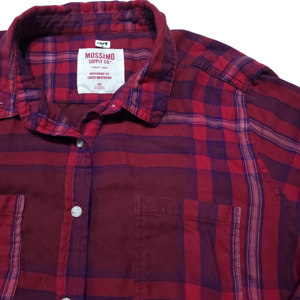 Mossimo Womens XXL Red Plaid Flannel Shirt Boyfriend Fit Button Up Pockets